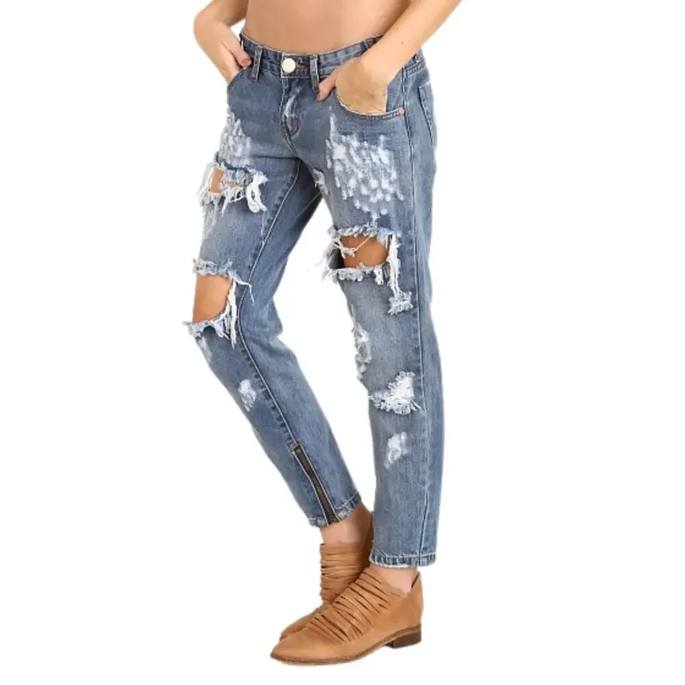 One Teaspoon Sz 26 Blue Denim Heavy Distressed Zip Ankle Low Rise Skinny Jeans - Picture 1 of 4